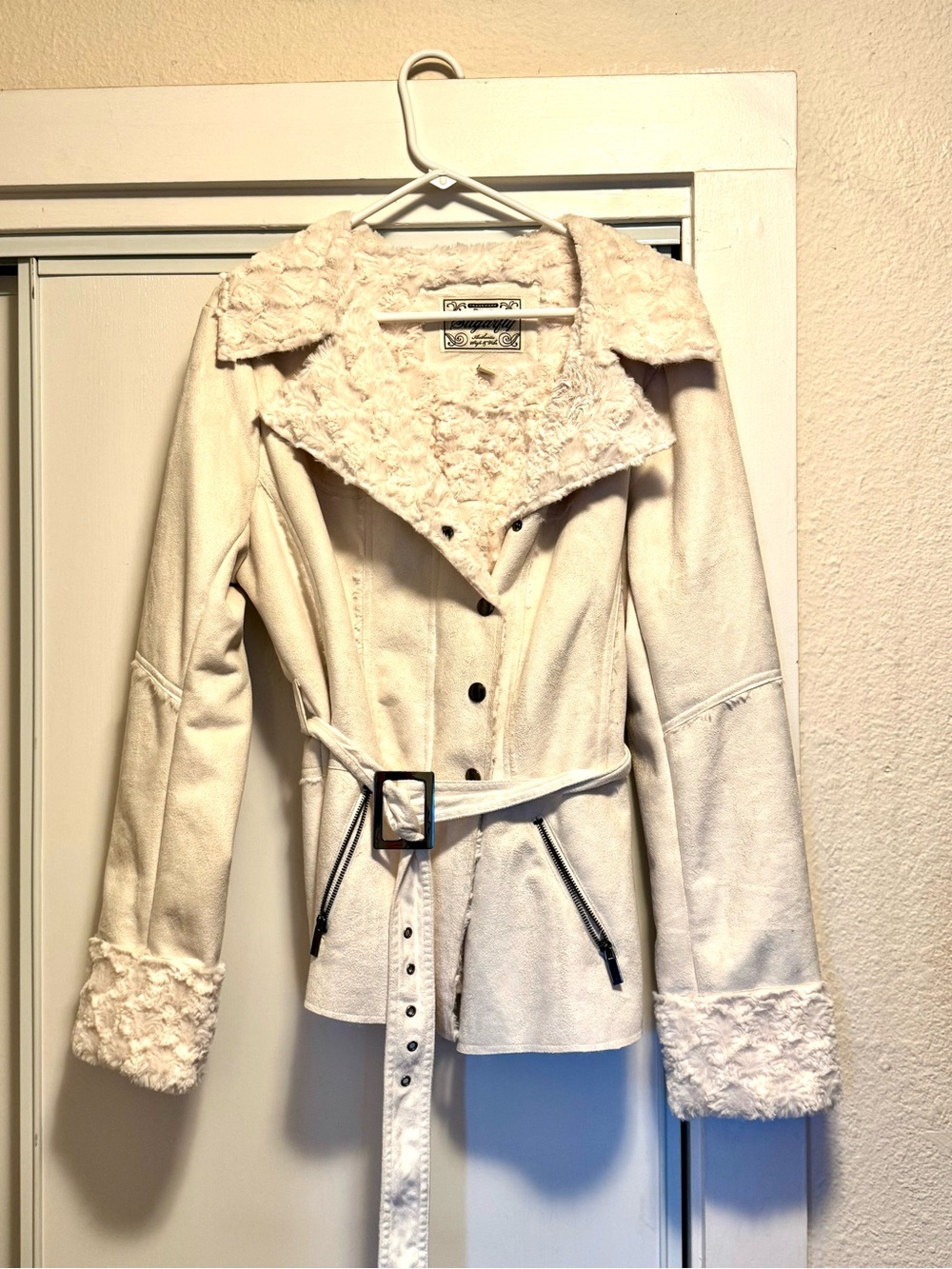 Sugarfly Cream Faux-Shearling Belted Jacket with Zip Pockets